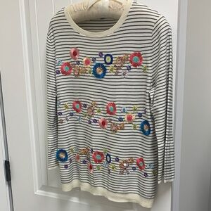 Striped Sweater with Colorful Floral Embroidery